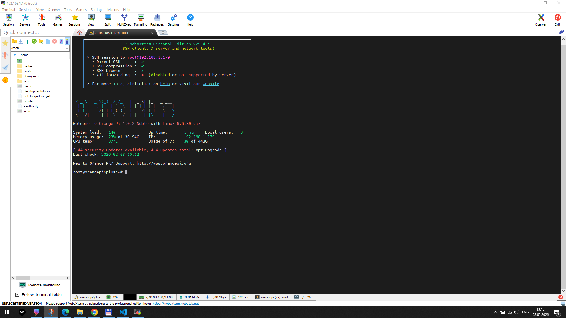 Терминал OrangePi при SSH соединении из программы MobaXtream