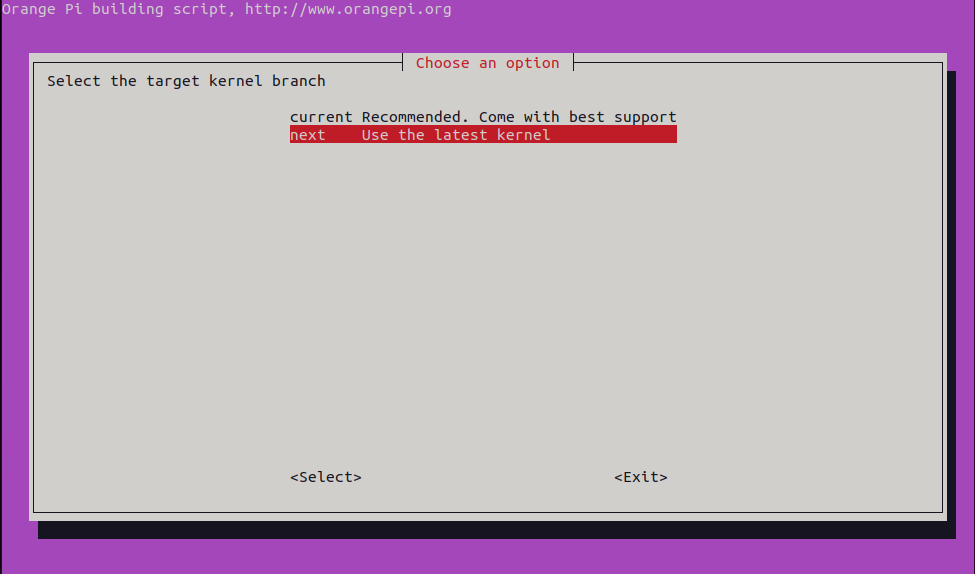 Меню выбора версии ядра